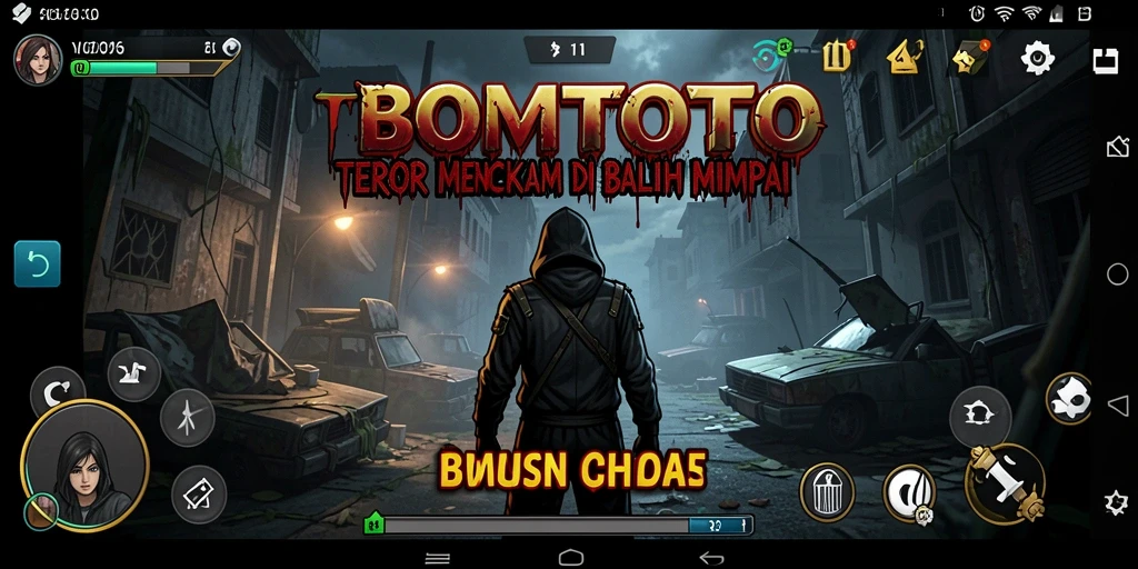 Tampilan gameplay menakutkan dari BOMTOTO dengan suasana yang gelap.