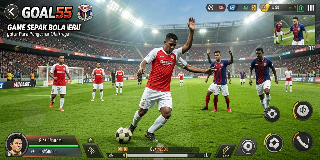 Tangkapan layar gameplay GOAL55 menampilkan aksi mendebarkan di lapangan sepak bola.