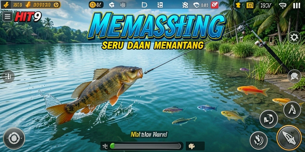 Gameplay seru dalam HIT9 saat menangkap ikan di lokasi indah.