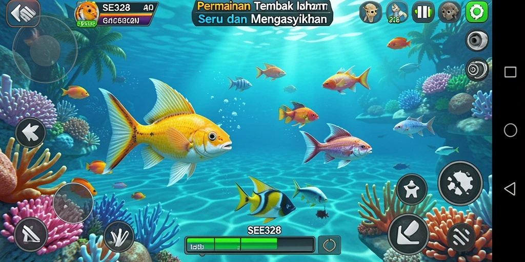 Menampilkan ikan berwarna-warni dalam gameplay tembak ikan yang seru.