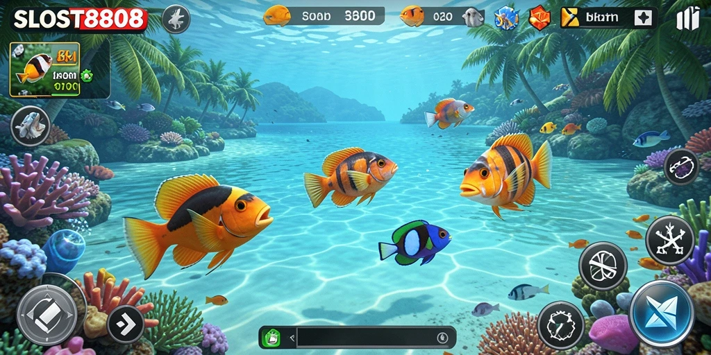 Tampilan gameplay seru dalam SLOST8808 saat menembak ikan.